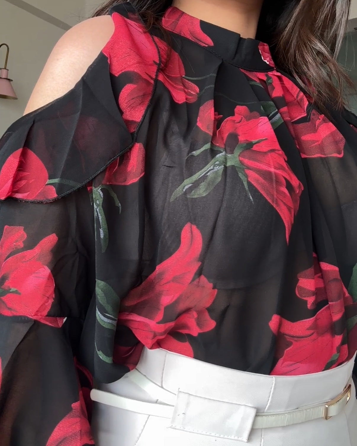 Floral Printed Cold Shoulder Ruffle Blouse