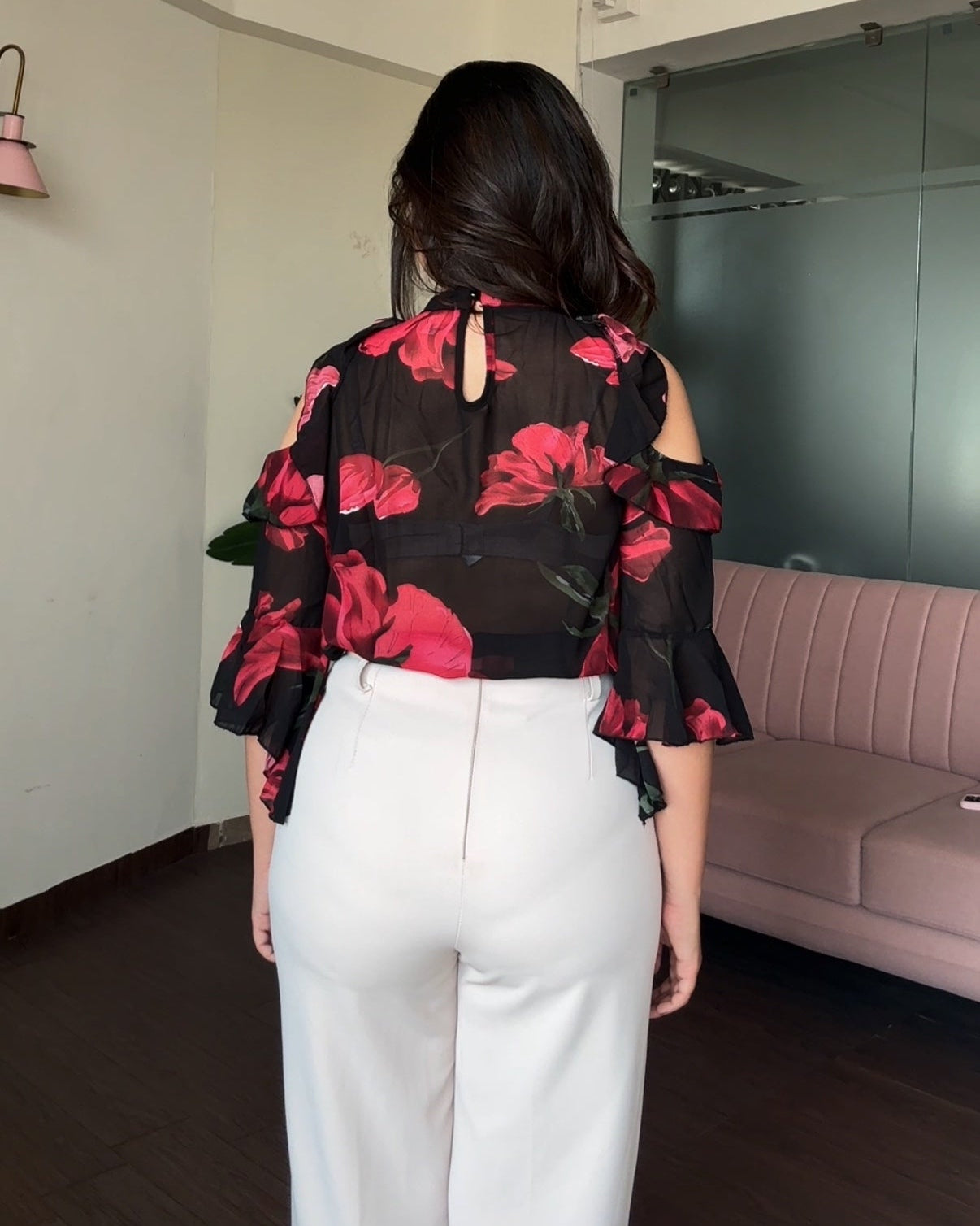 Floral Printed Cold Shoulder Ruffle Blouse