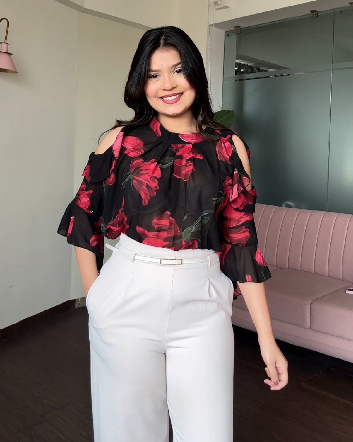 Floral Printed Cold Shoulder Ruffle Blouse