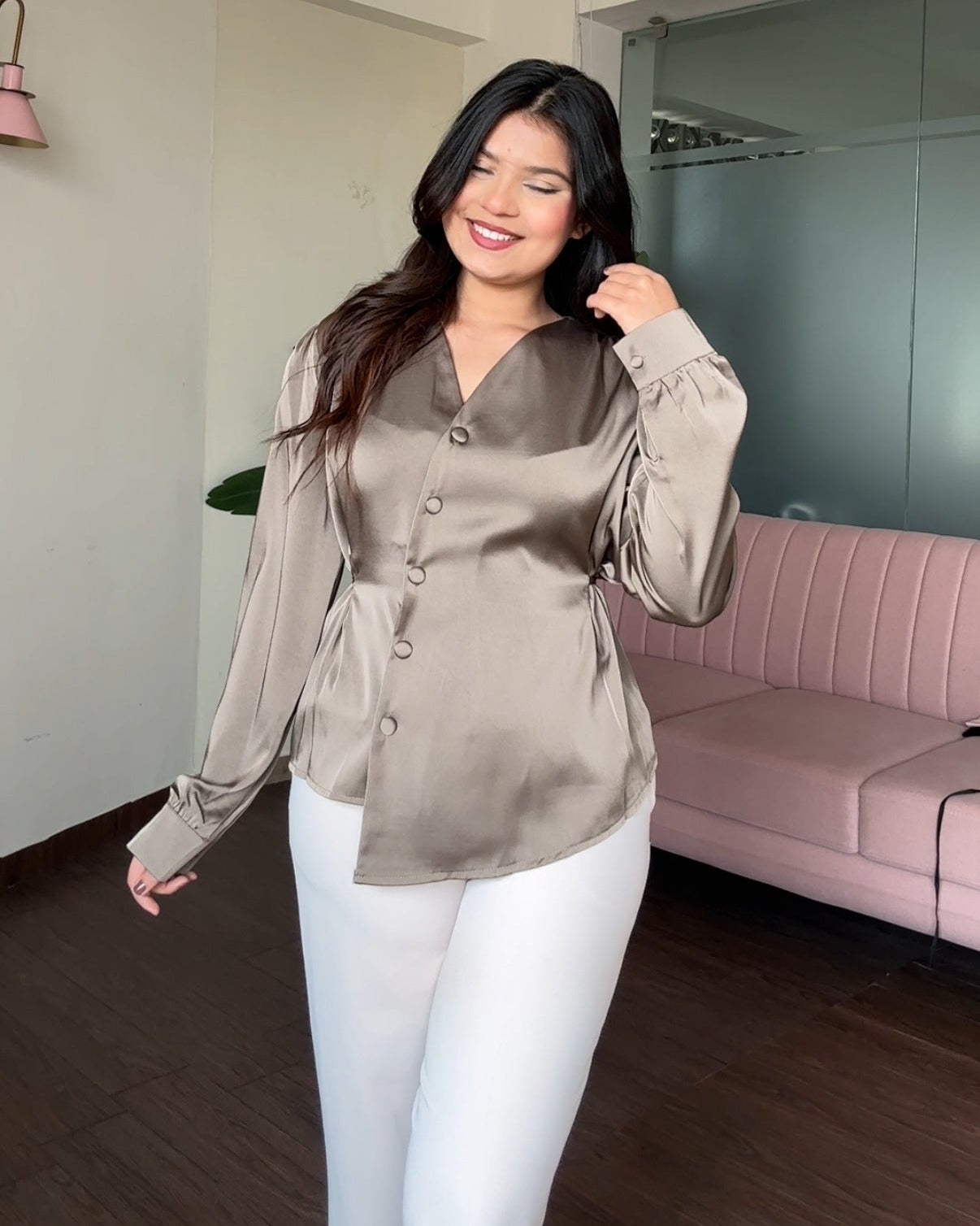 Back Tip Up Solid Hem Detailing Satin Top