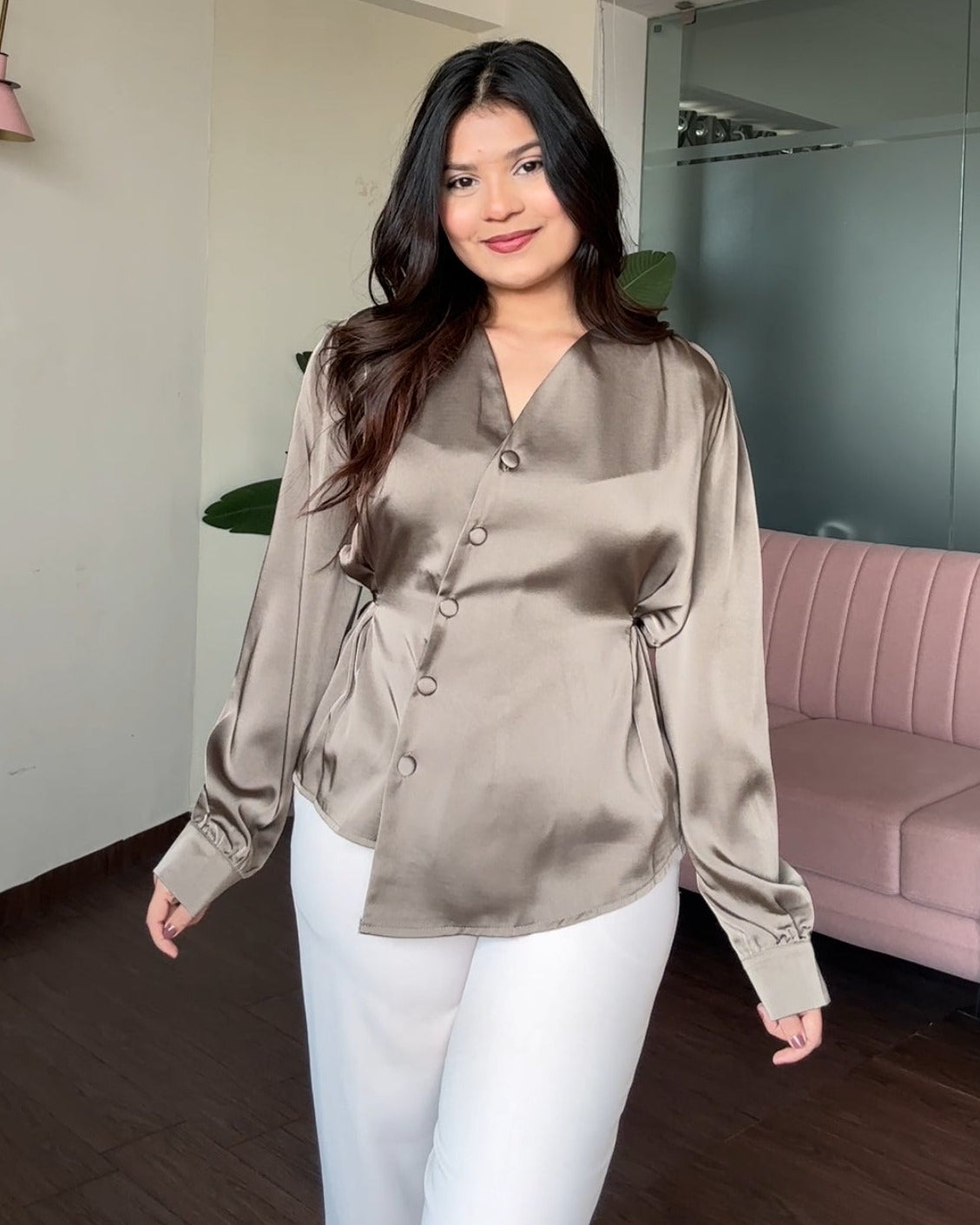 Back Tip Up Solid Hem Detailing Satin Top