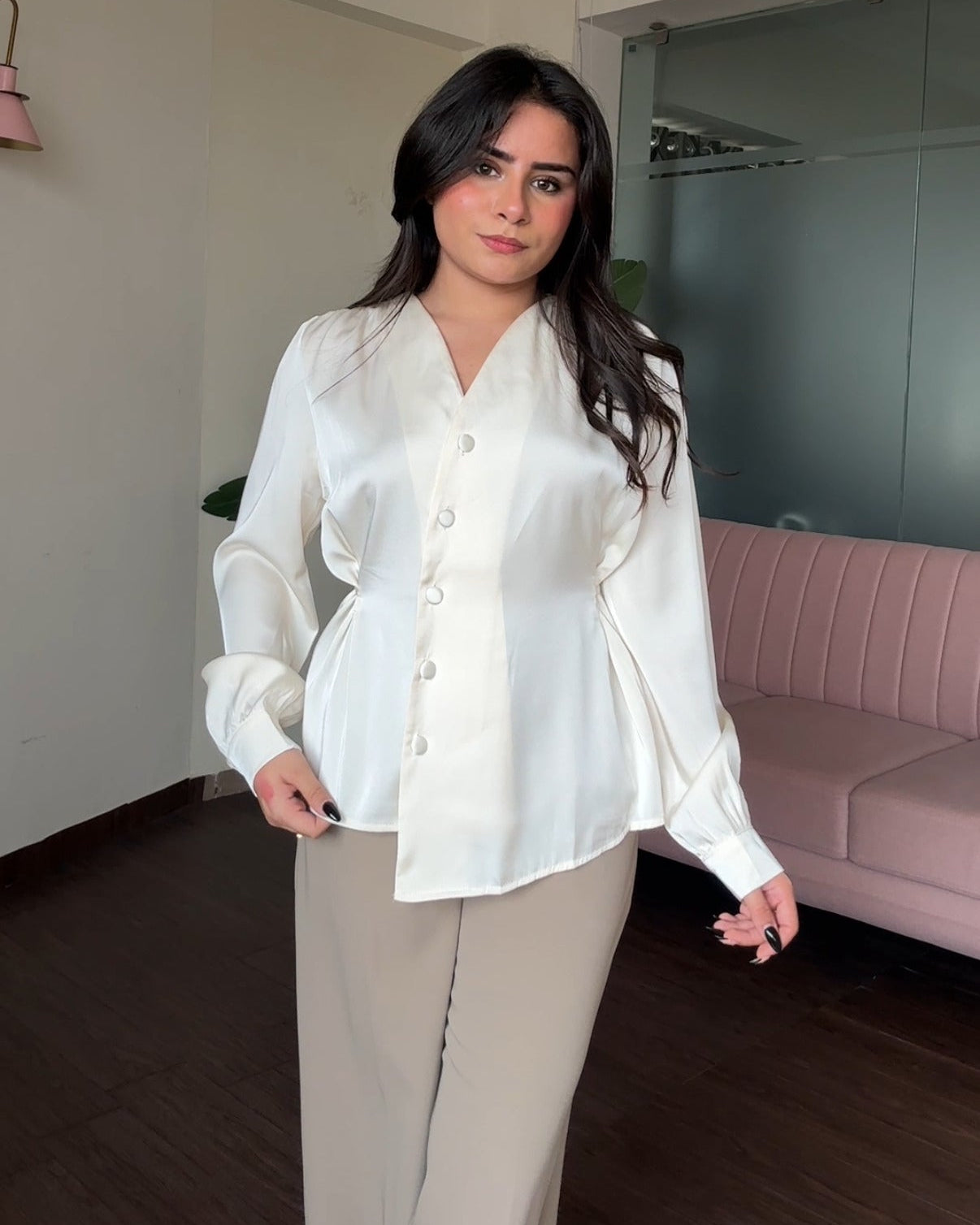 Back Tip Up Solid Hem Detailing Satin Top