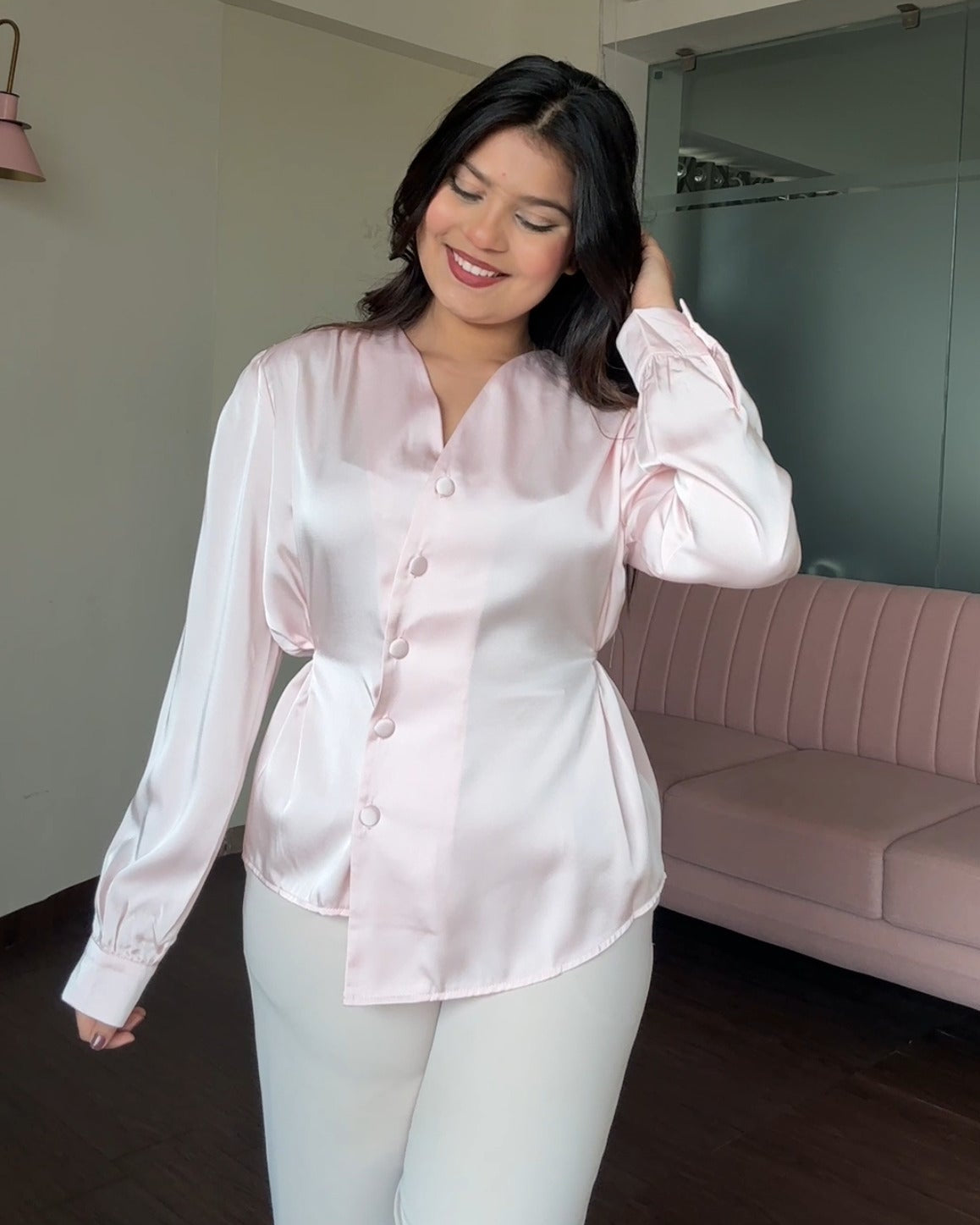 Back Tip Up Solid Hem Detailing Satin Top