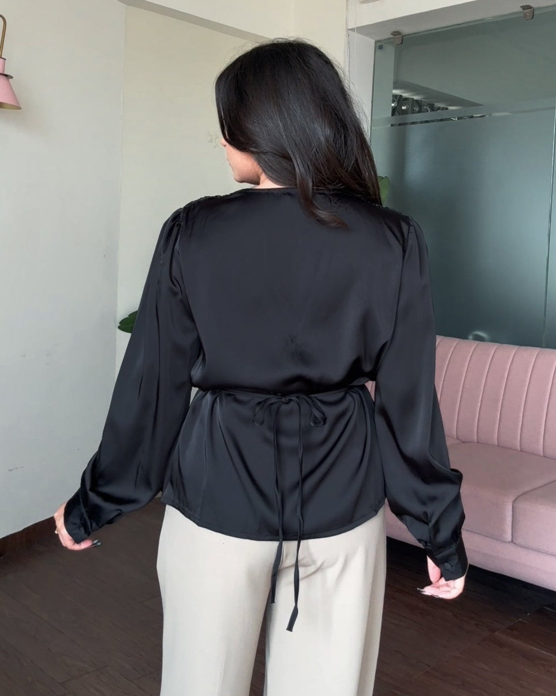 Back Tip Up Solid Hem Detailing Satin Top