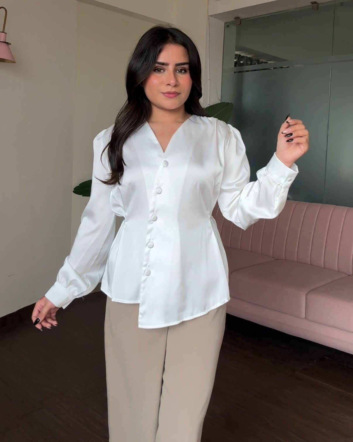 Back Tip Up Solid Hem Detailing Satin Top