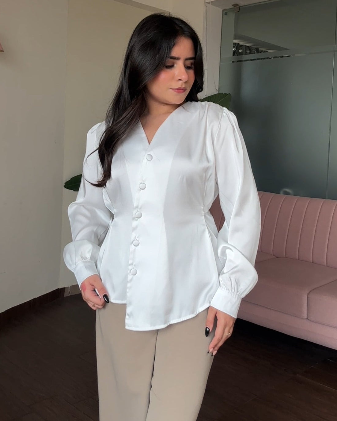 Back Tip Up Solid Hem Detailing Satin Top