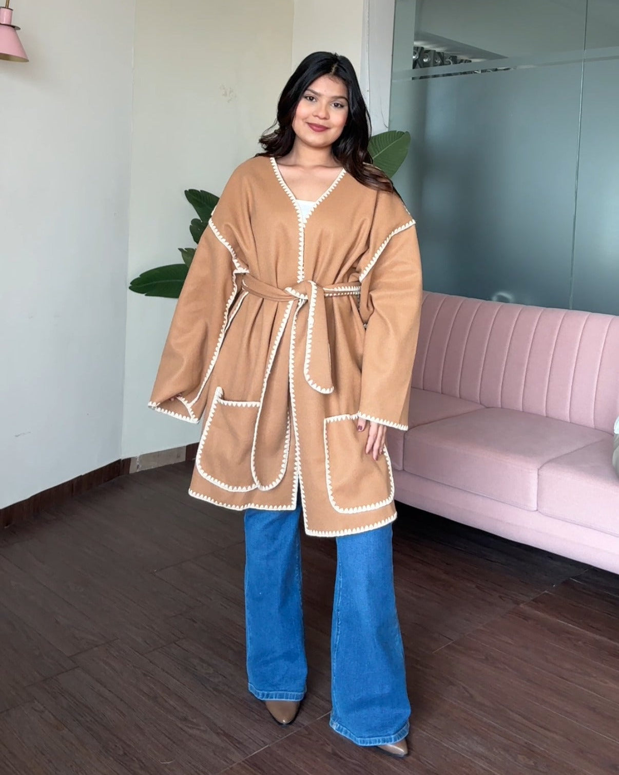 Contrast Stitching Detailing Woollen Coat