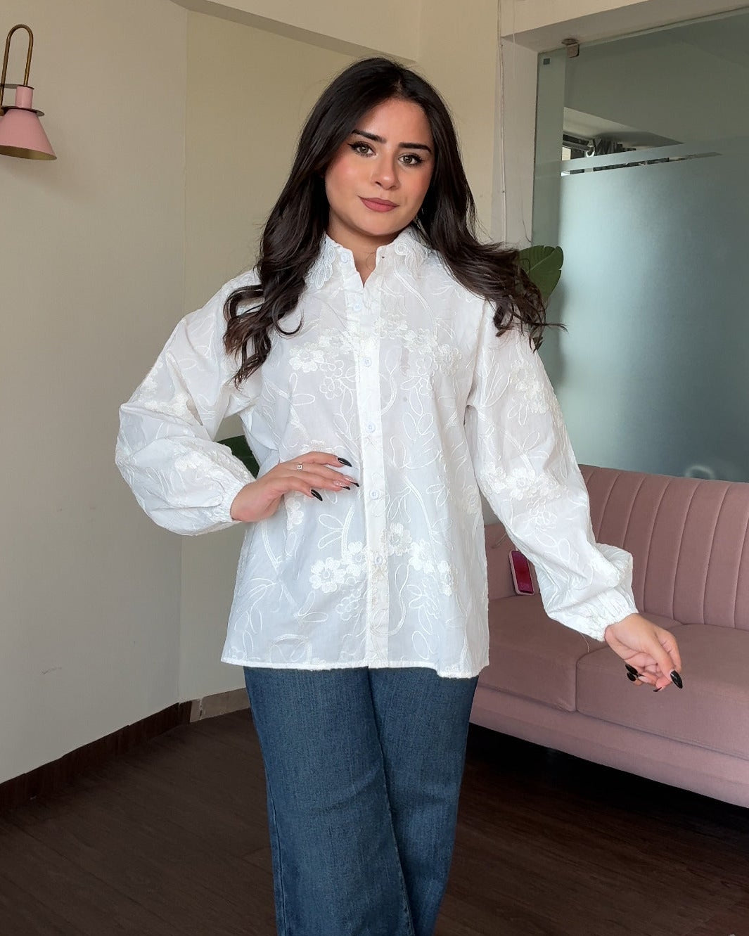 Lace Collar Balloon Sleeve Minimal Embroidery Cotton Shirt