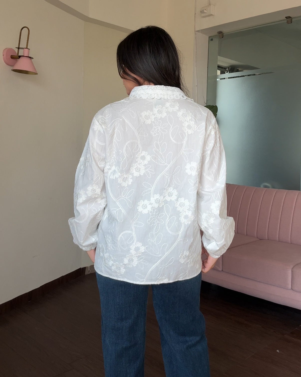 Lace Collar Balloon Sleeve Minimal Embroidery Cotton Shirt