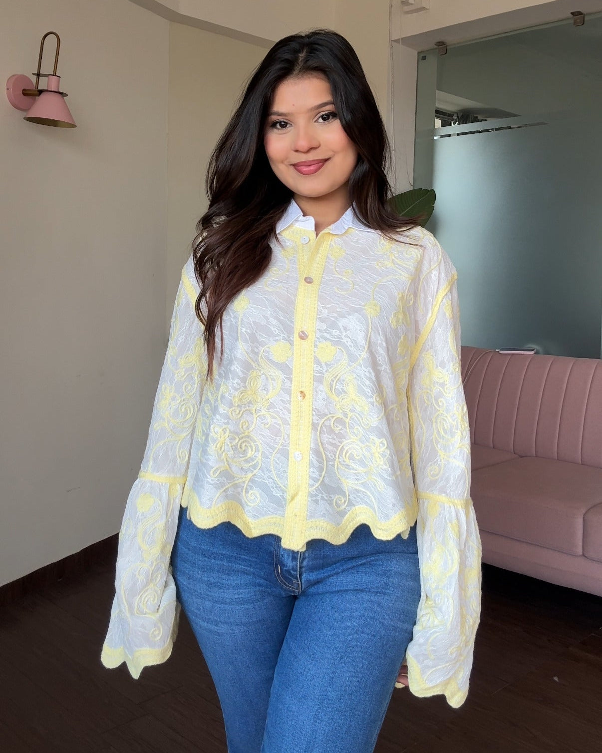 Bell Sleeve Embroidered Tissue Cotton Shirt