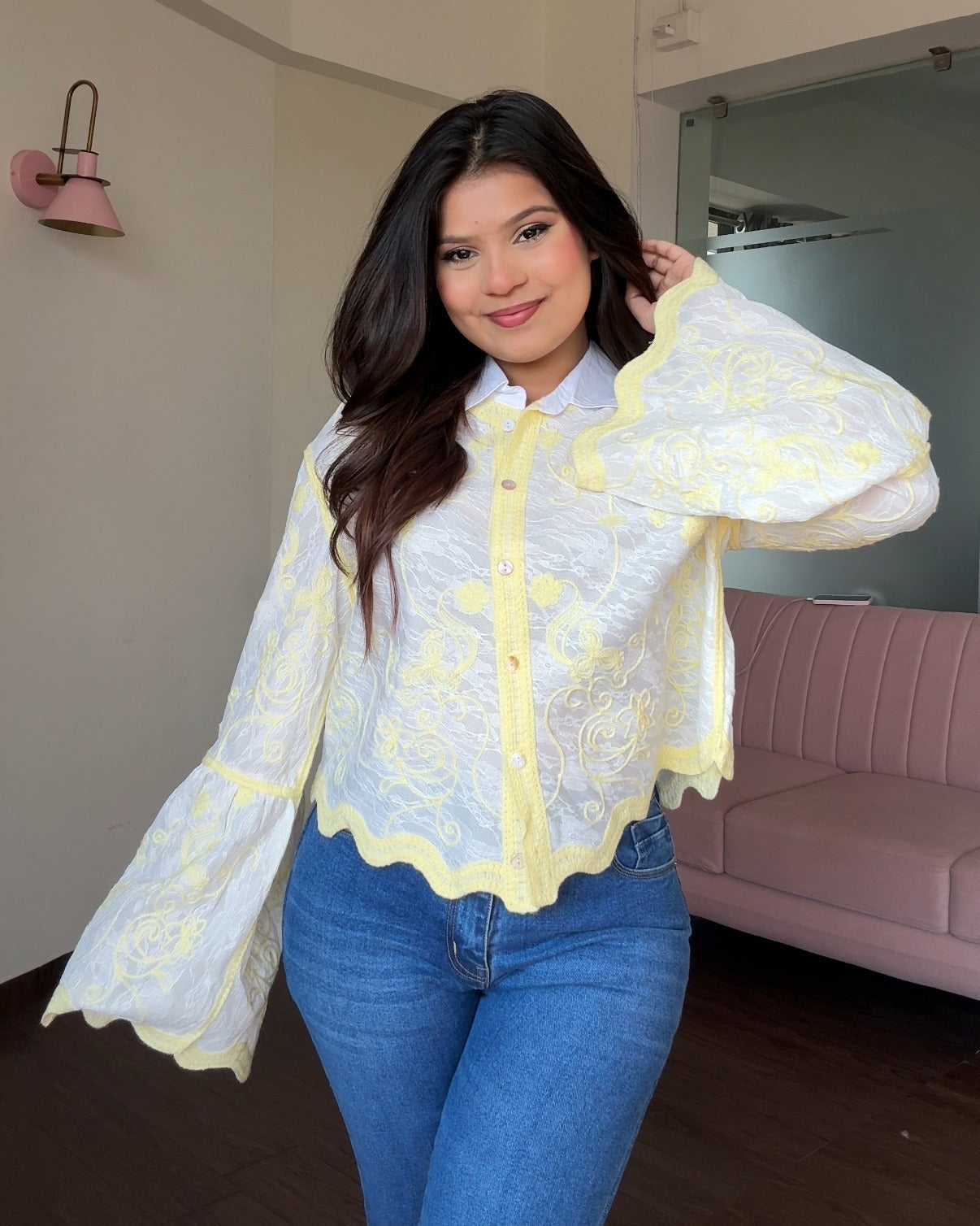 Bell Sleeve Embroidered Tissue Cotton Shirt