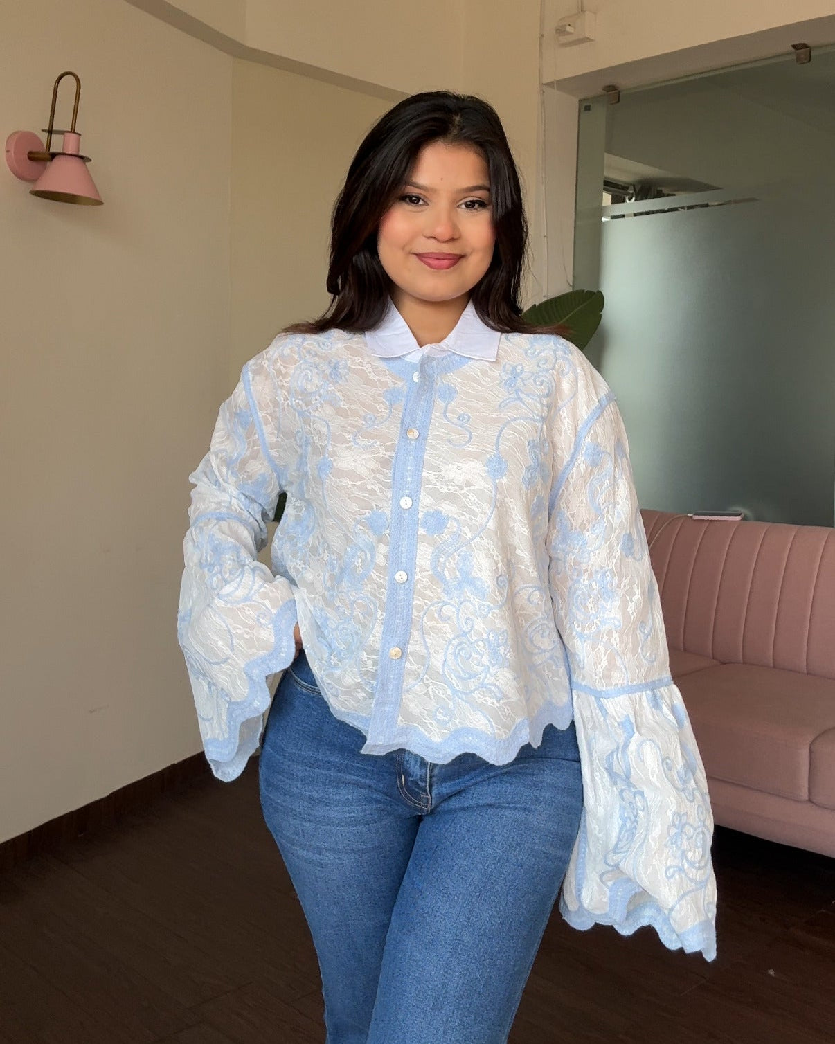 Bell Sleeve Embroidered Tissue Cotton Shirt