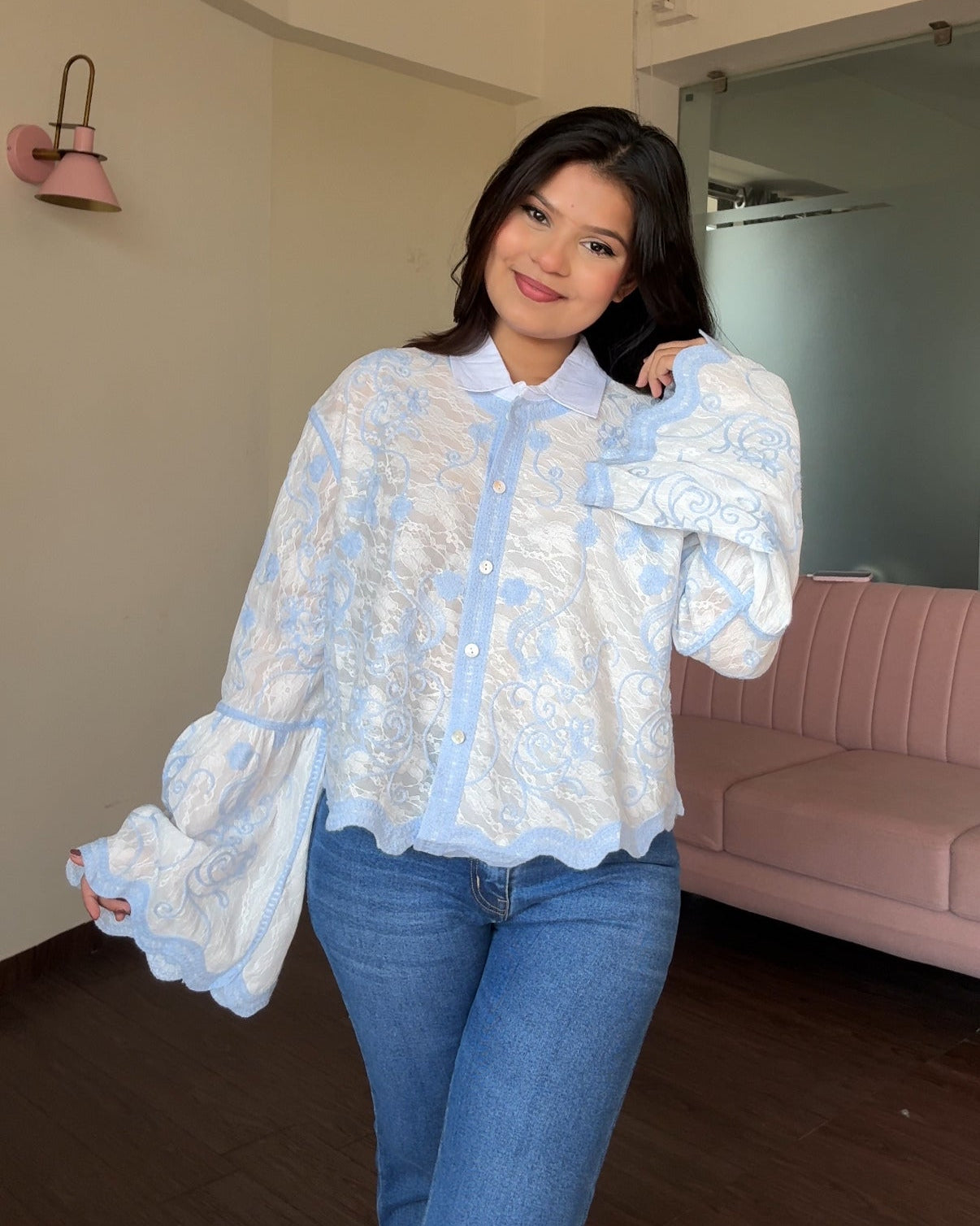 Bell Sleeve Embroidered Tissue Cotton Shirt