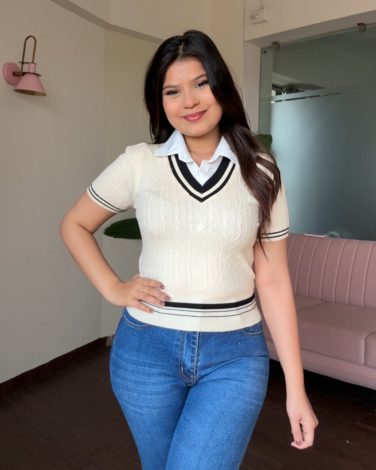 V Neck Textured Top With Attached Collar