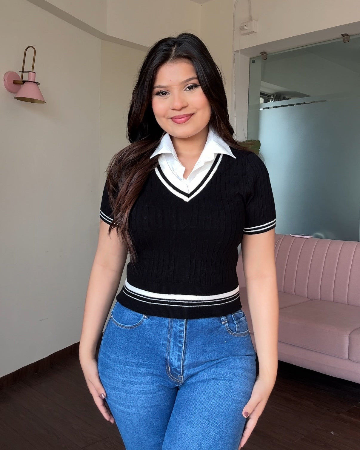 V Neck Textured Top With Attached Collar