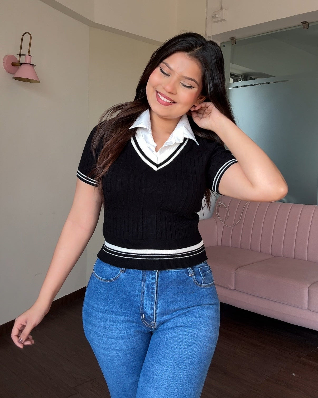 V Neck Textured Top With Attached Collar