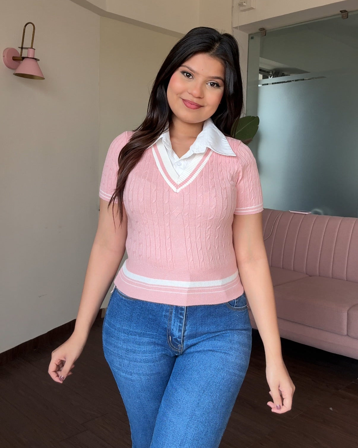 V Neck Textured Top With Attached Collar