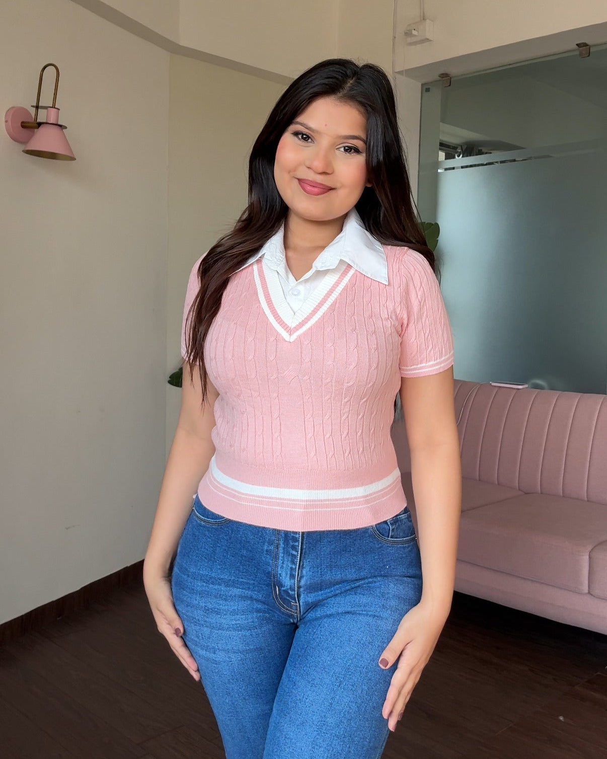 V Neck Textured Top With Attached Collar