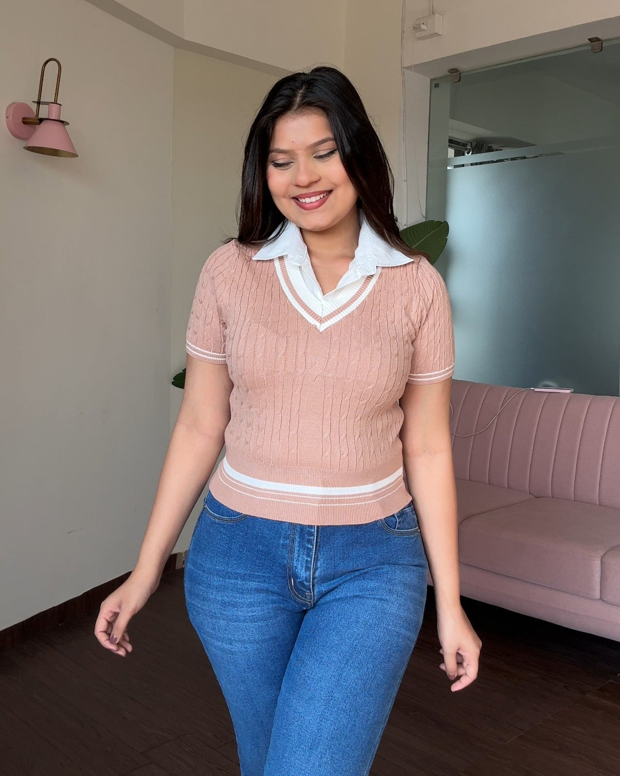 V Neck Textured Top With Attached Collar