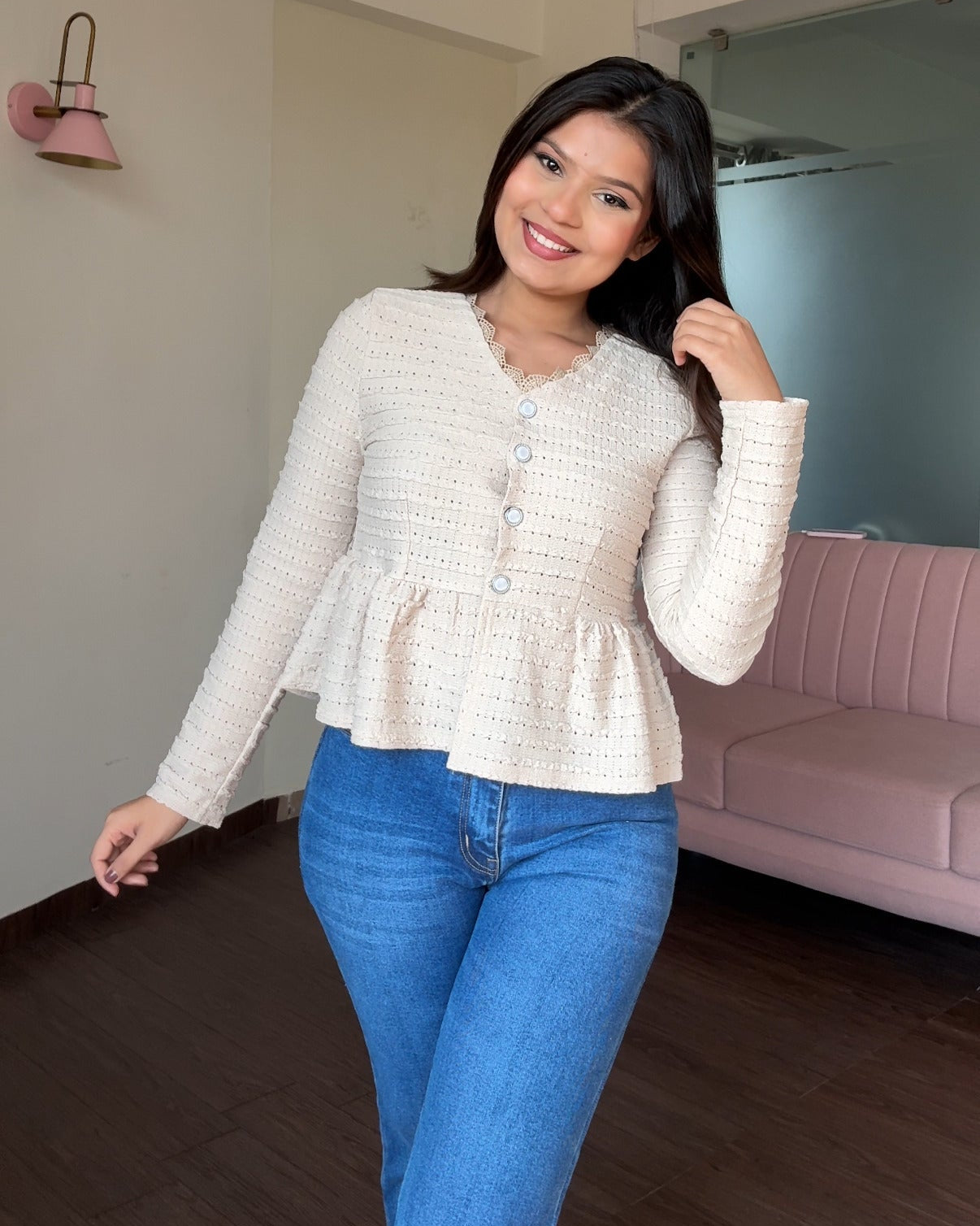 V Neck Lace Detail Peplum Retro Top