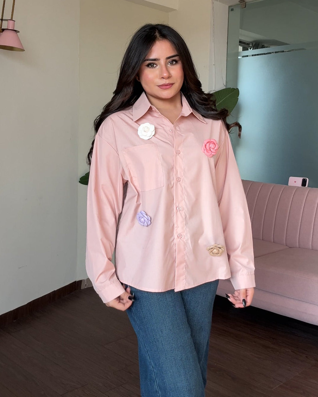 Solid Cotton Shirt With 4 Flower Pins