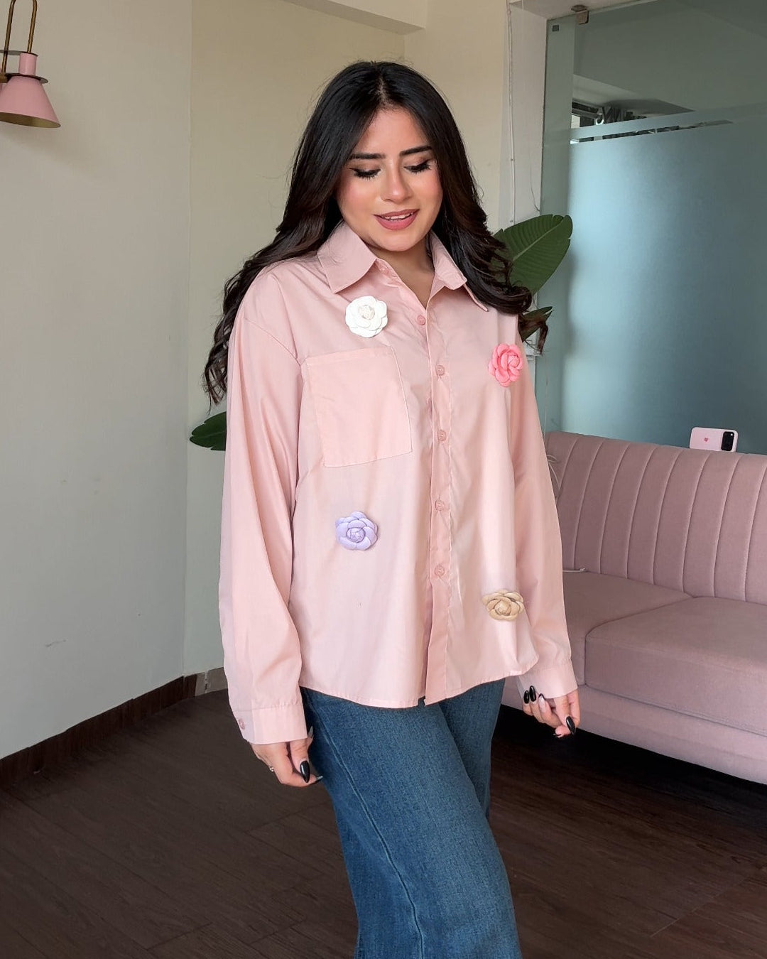 Solid Cotton Shirt With 4 Flower Pins