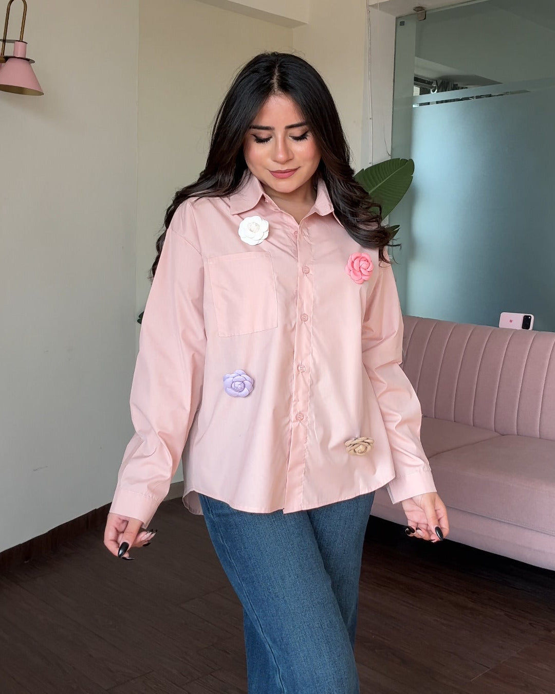 Solid Cotton Shirt With 4 Flower Pins