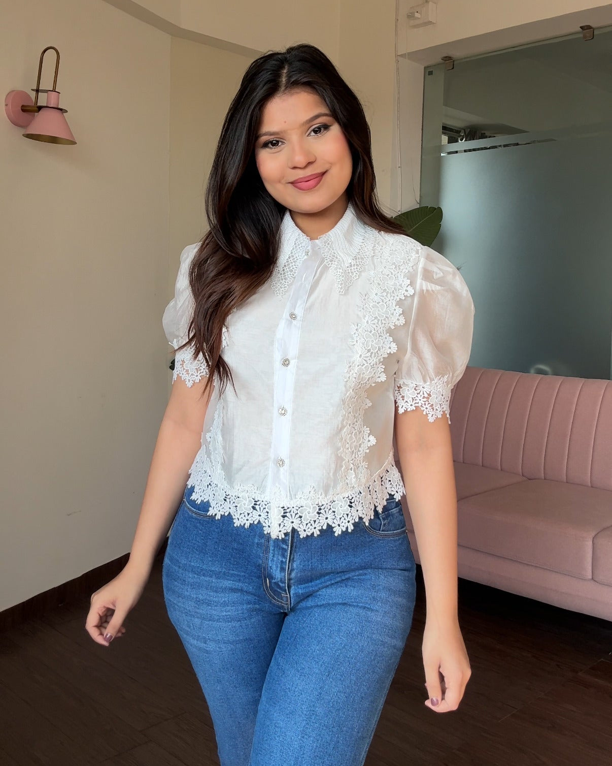 Lace Detailing Puff Sleeve Cropped Shirt