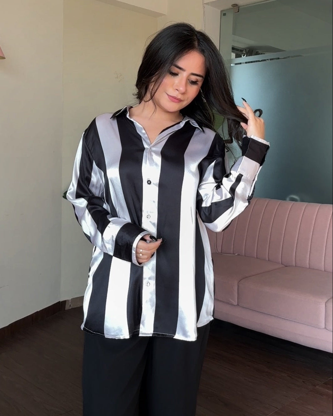 Black Striped Satin Shirt