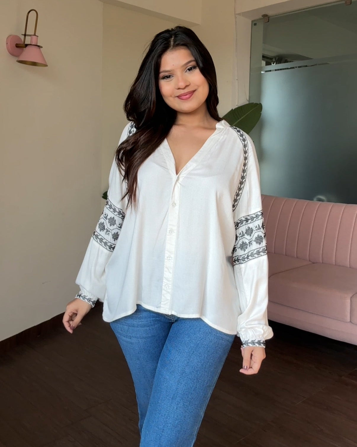 Contrast Embroidery V Neck Relaxed Fit Cotton Blouse