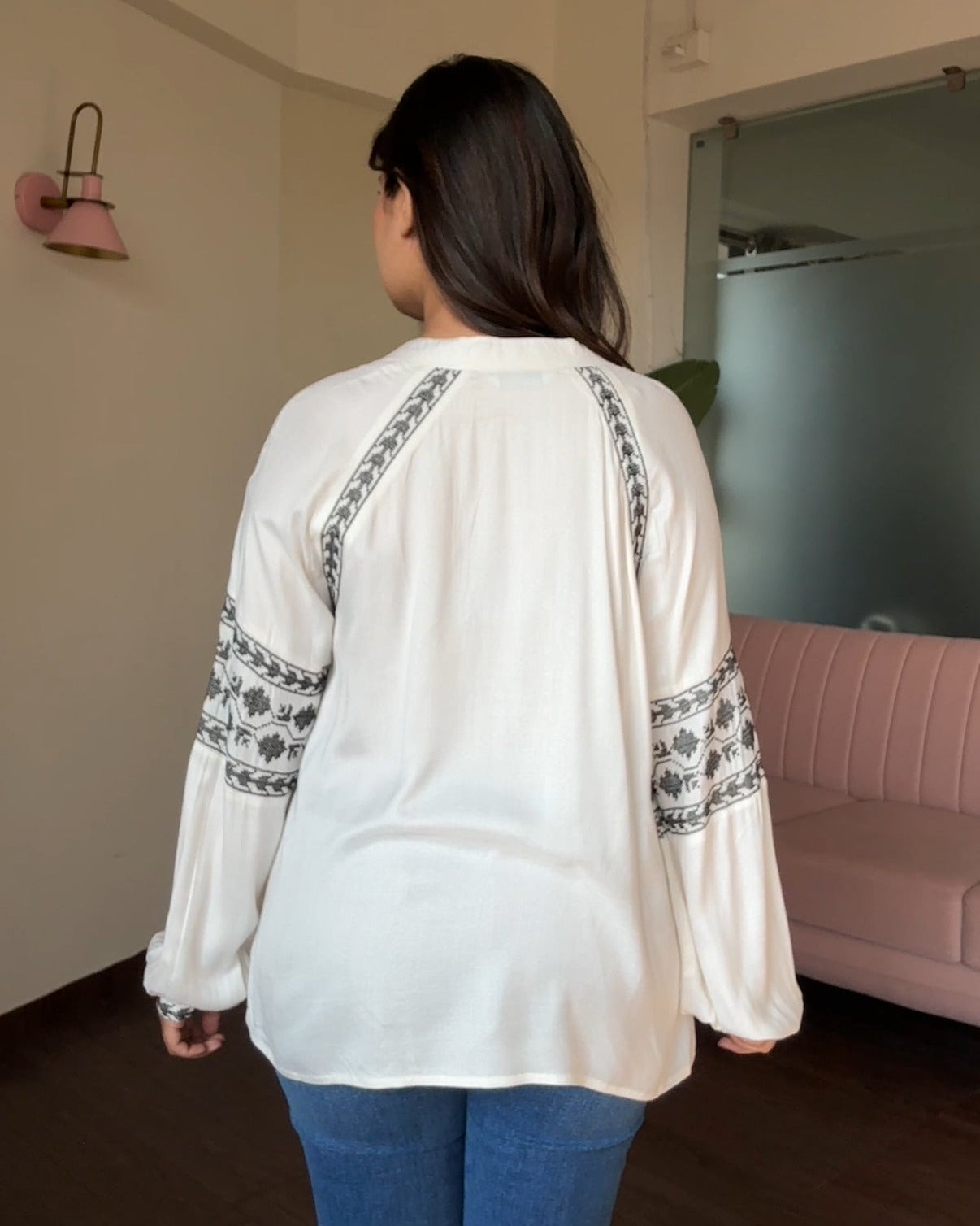 Contrast Embroidery V Neck Relaxed Fit Cotton Blouse