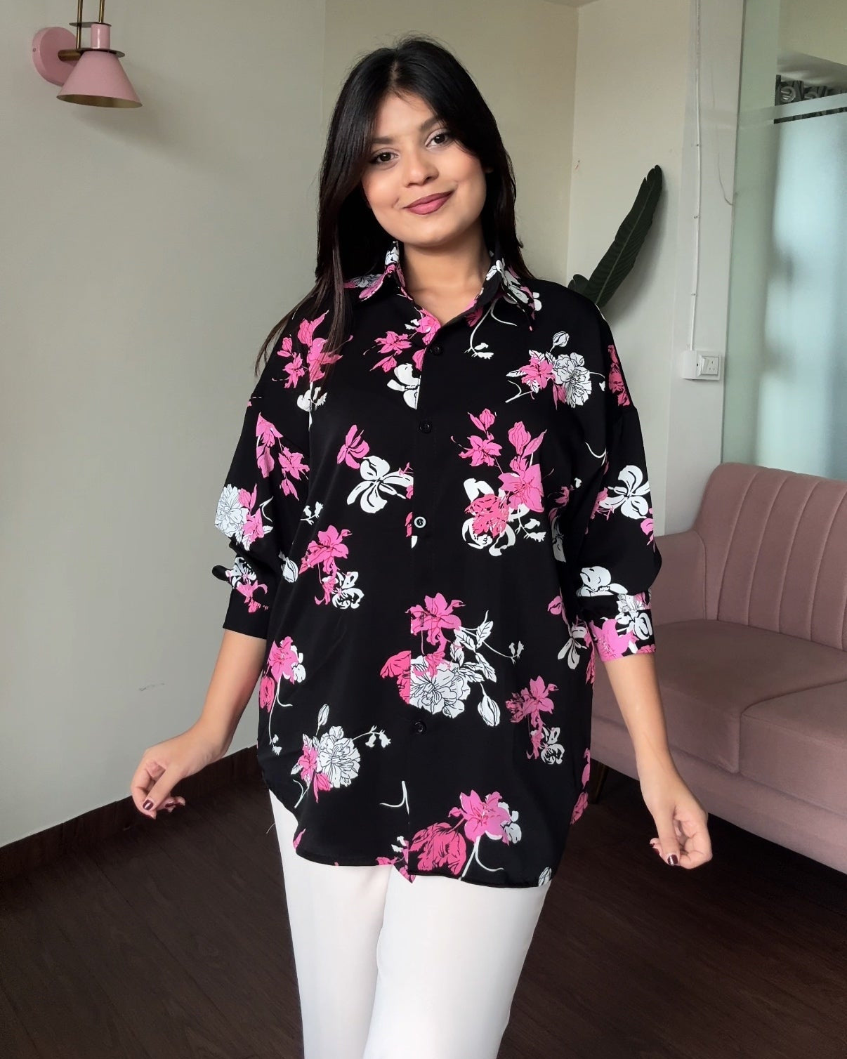Printed Black Floral Crepe Full Sleeves Shirt