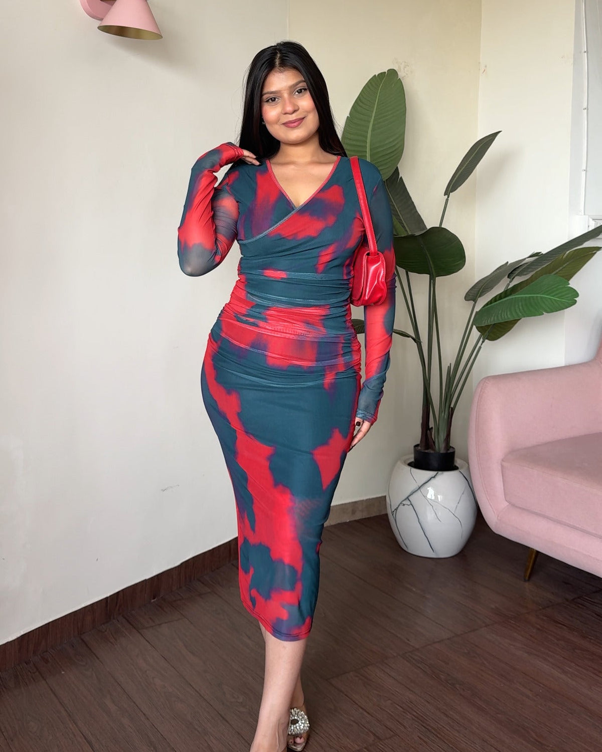 V Neck Printed Mesh Midi Dress