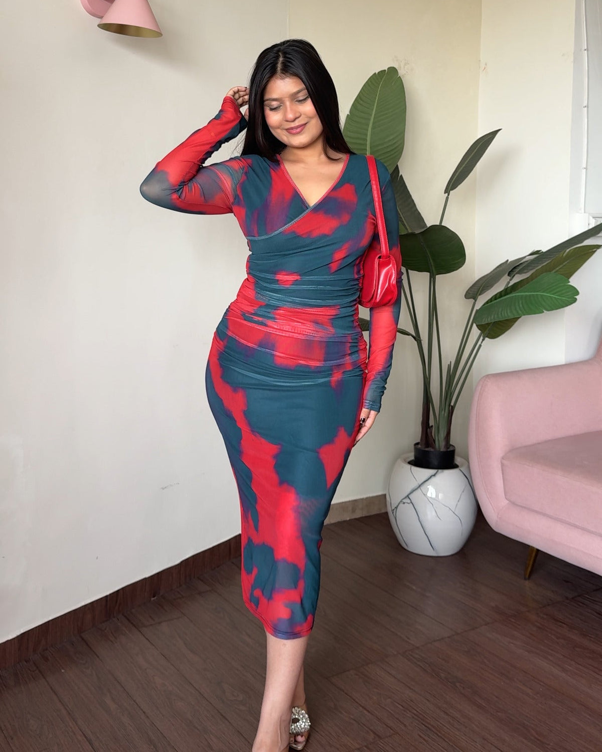 V Neck Printed Mesh Midi Dress