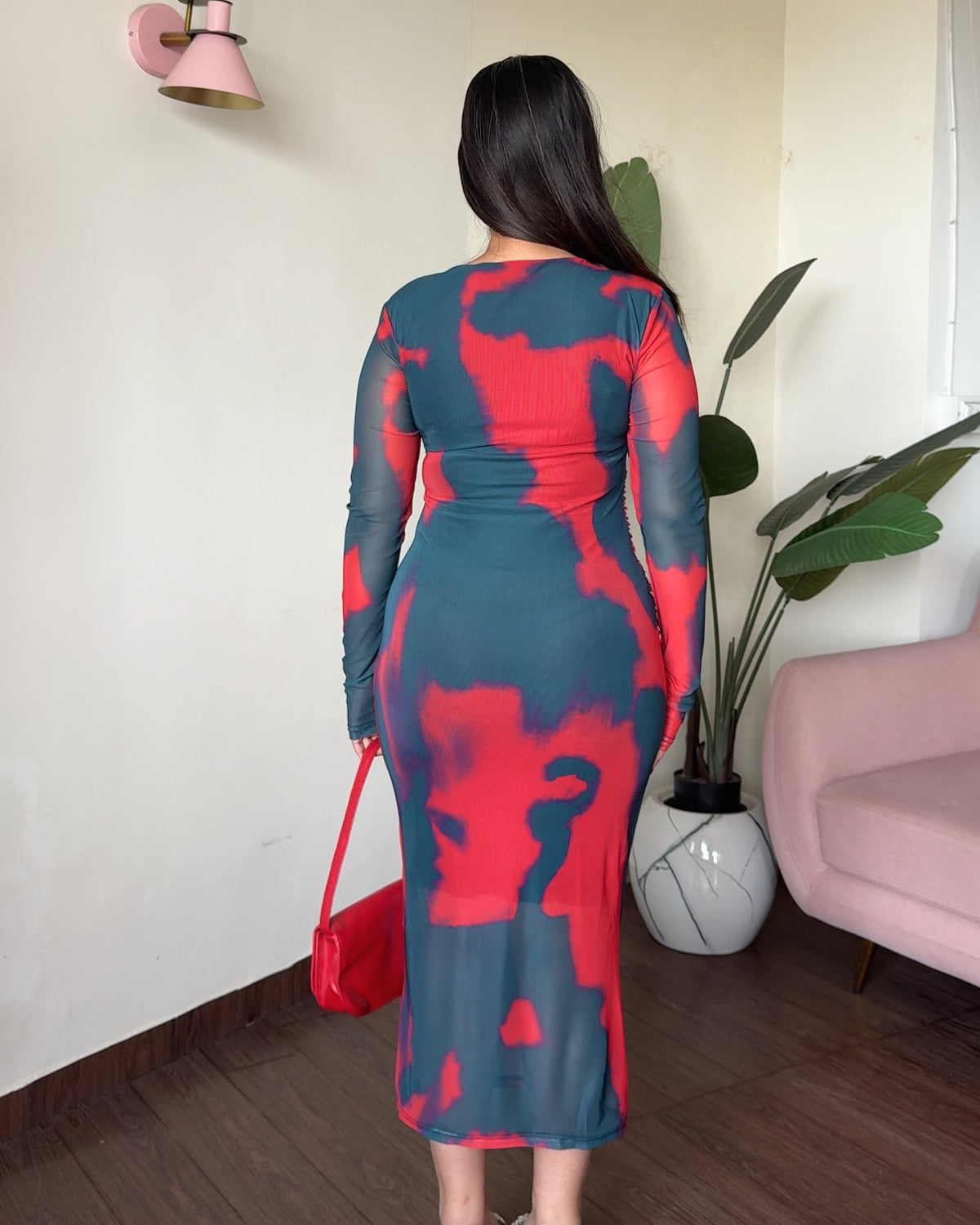 V Neck Printed Mesh Midi Dress