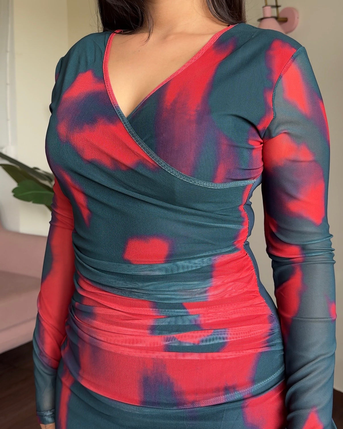 V Neck Printed Mesh Midi Dress
