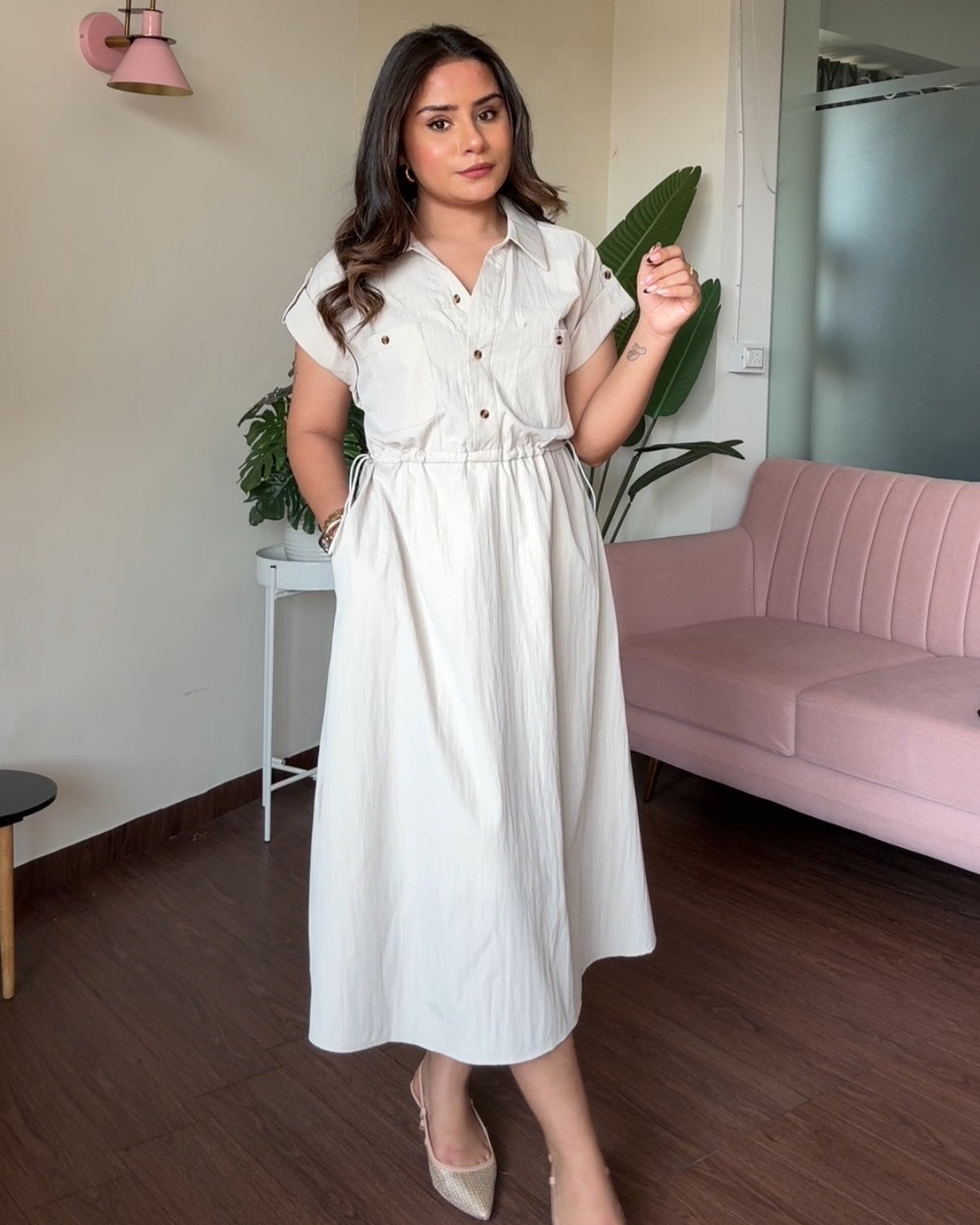 Pure Cotton Adjustable Waist Shirt Dress