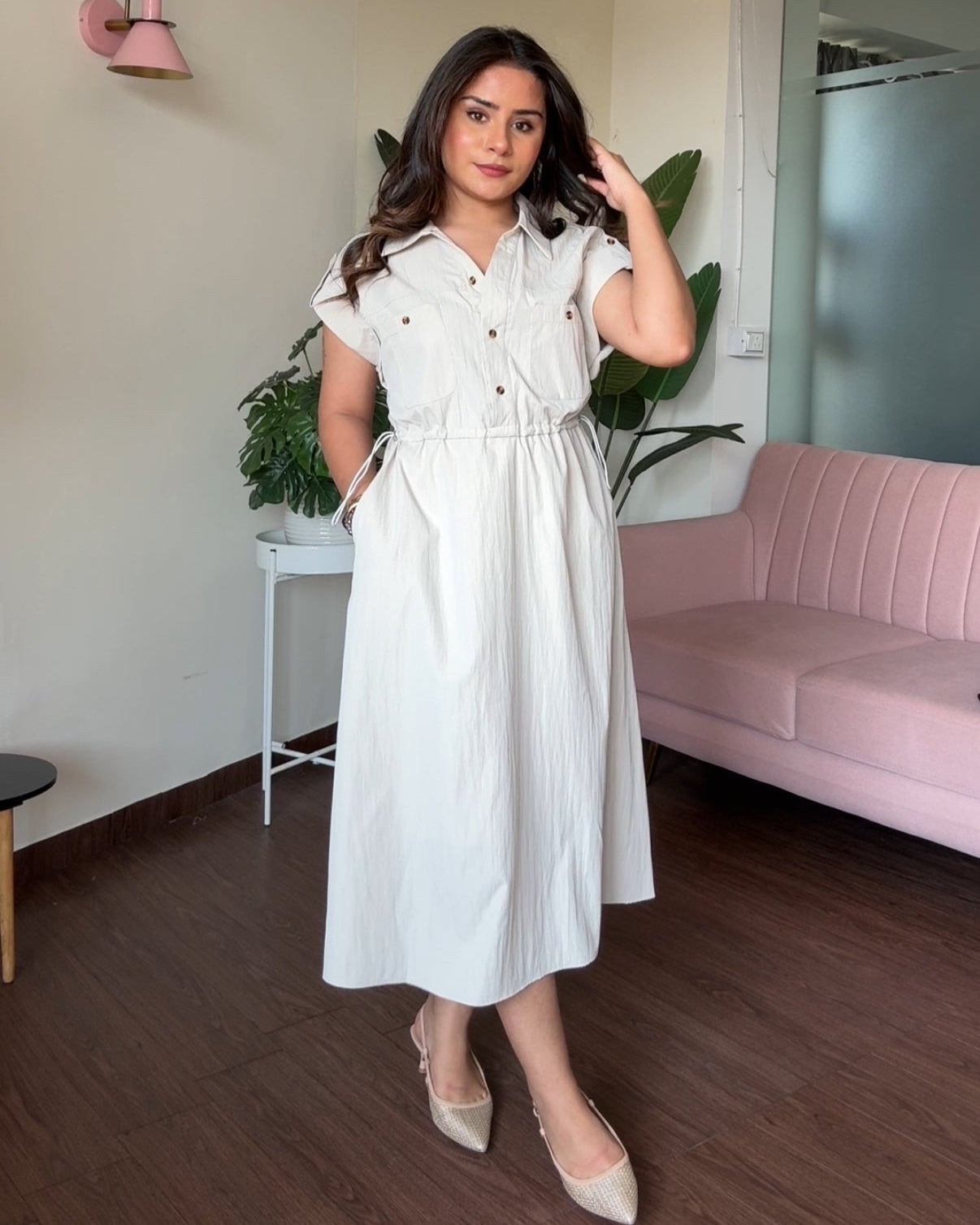 Pure Cotton Adjustable Waist Shirt Dress