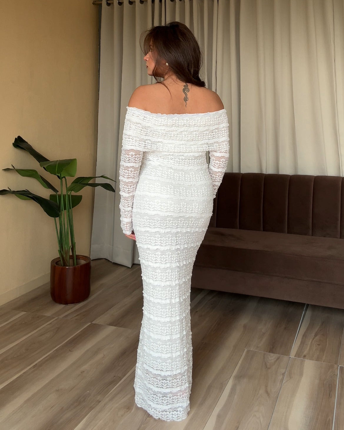 Lacy Off Shoulder Bodycon Midi Dress