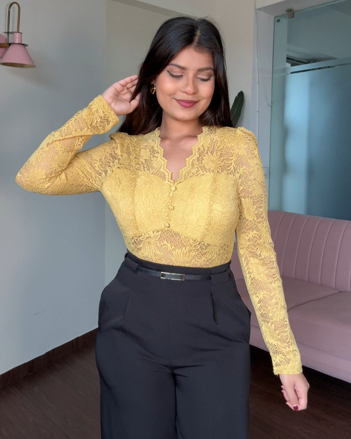 Lace V Neck Sheer Padded Top