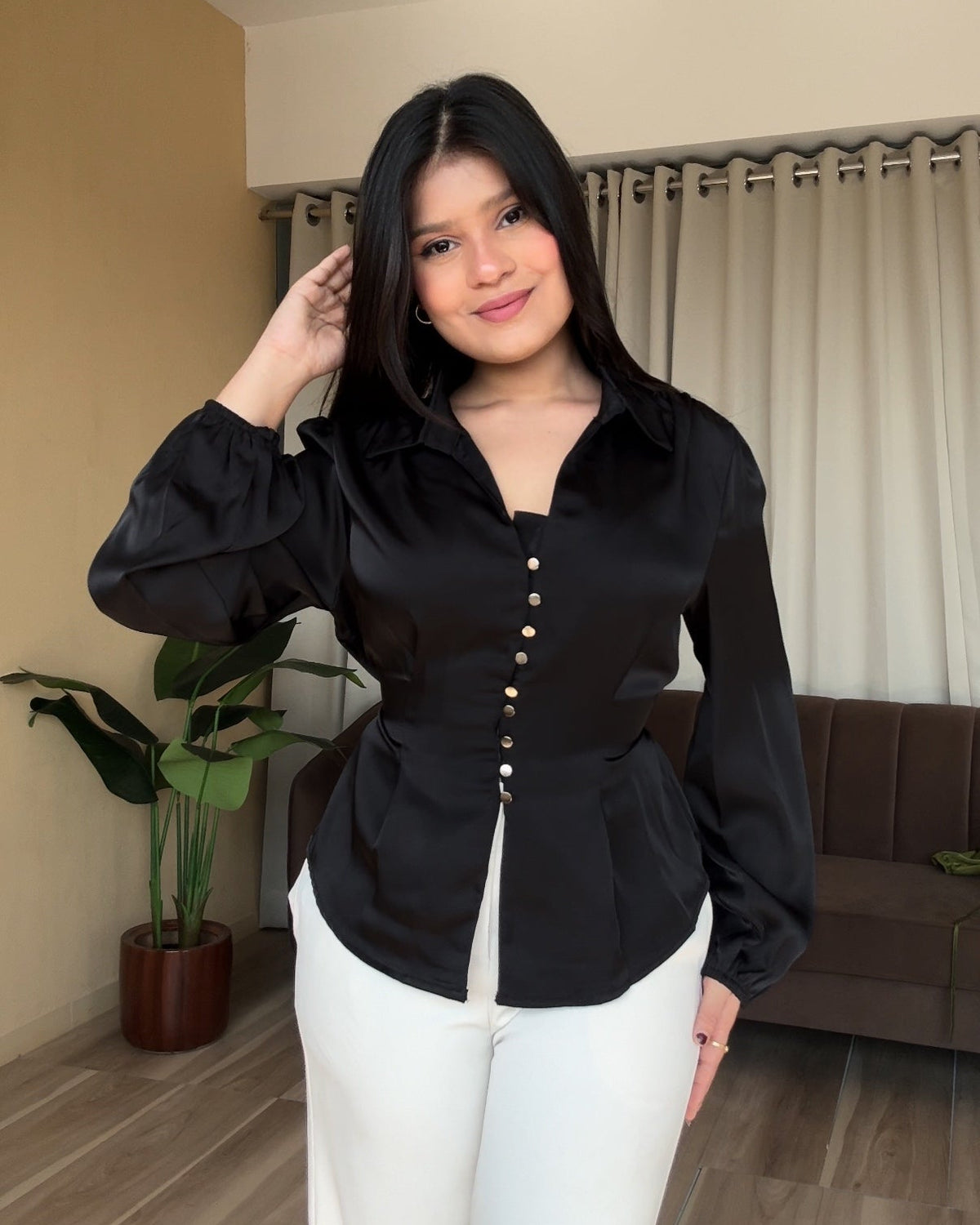 Korean Fitted Back Tie Up Satin Blouse