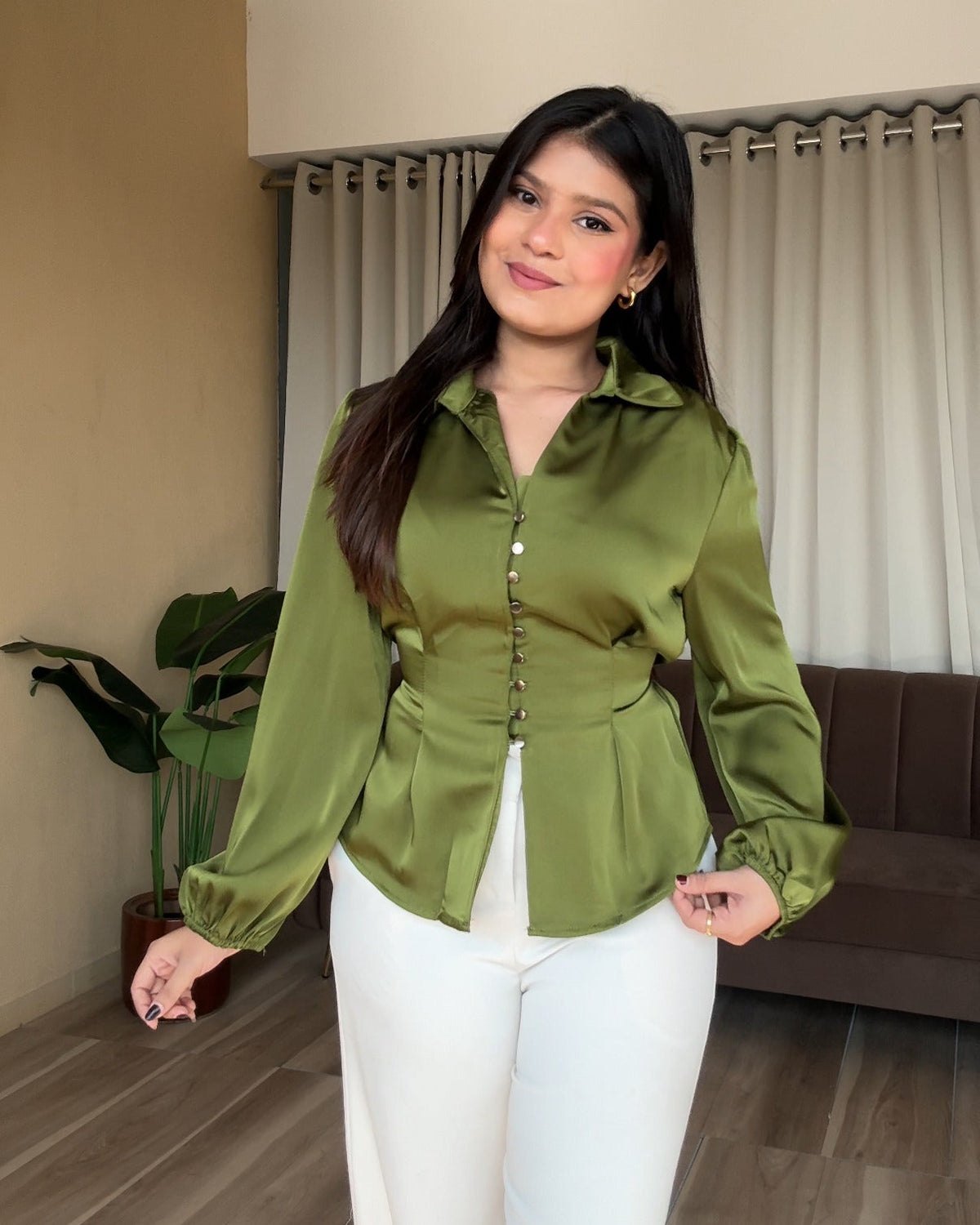 Korean Fitted Back Tie Up Satin Blouse