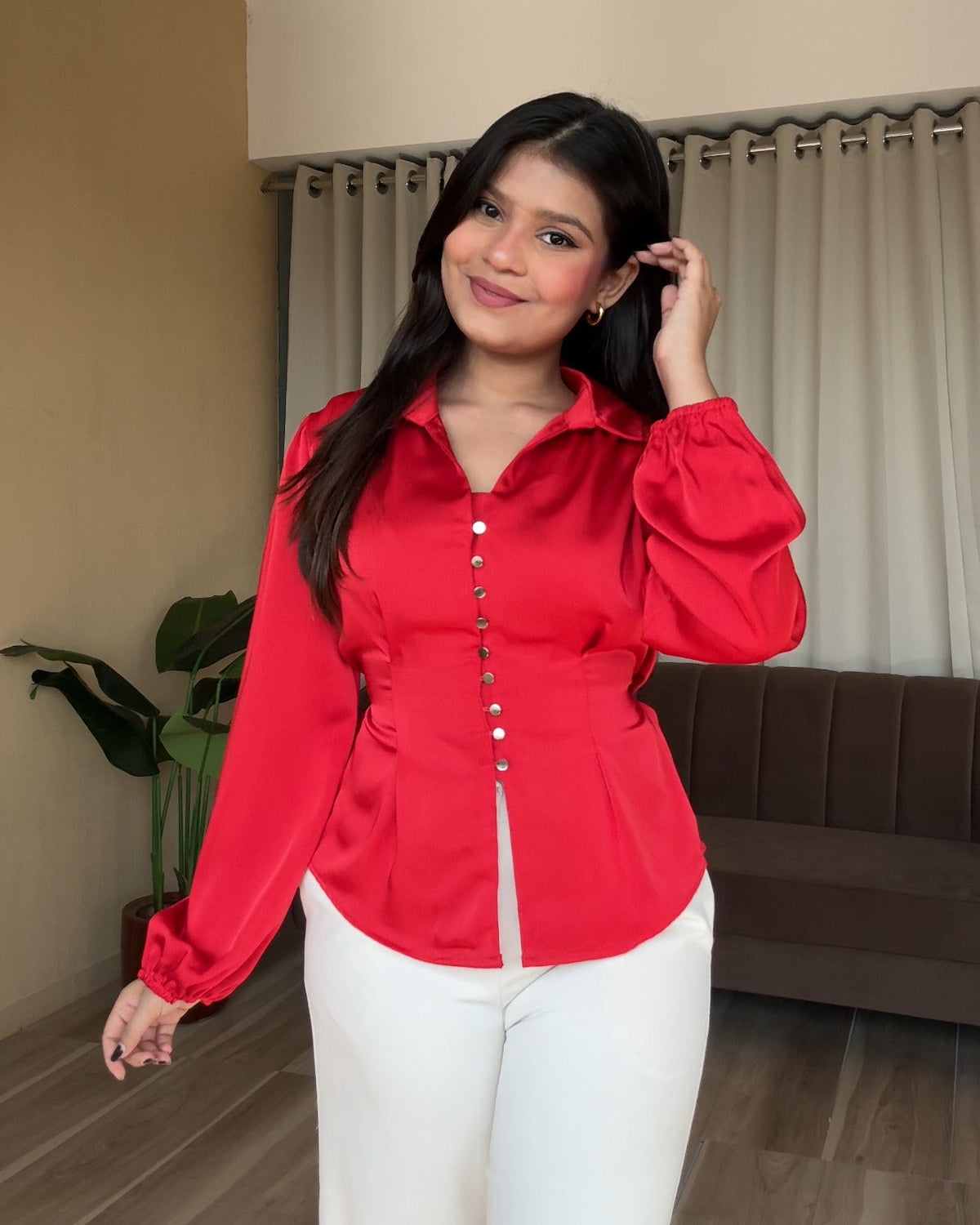 Korean Fitted Back Tie Up Satin Blouse