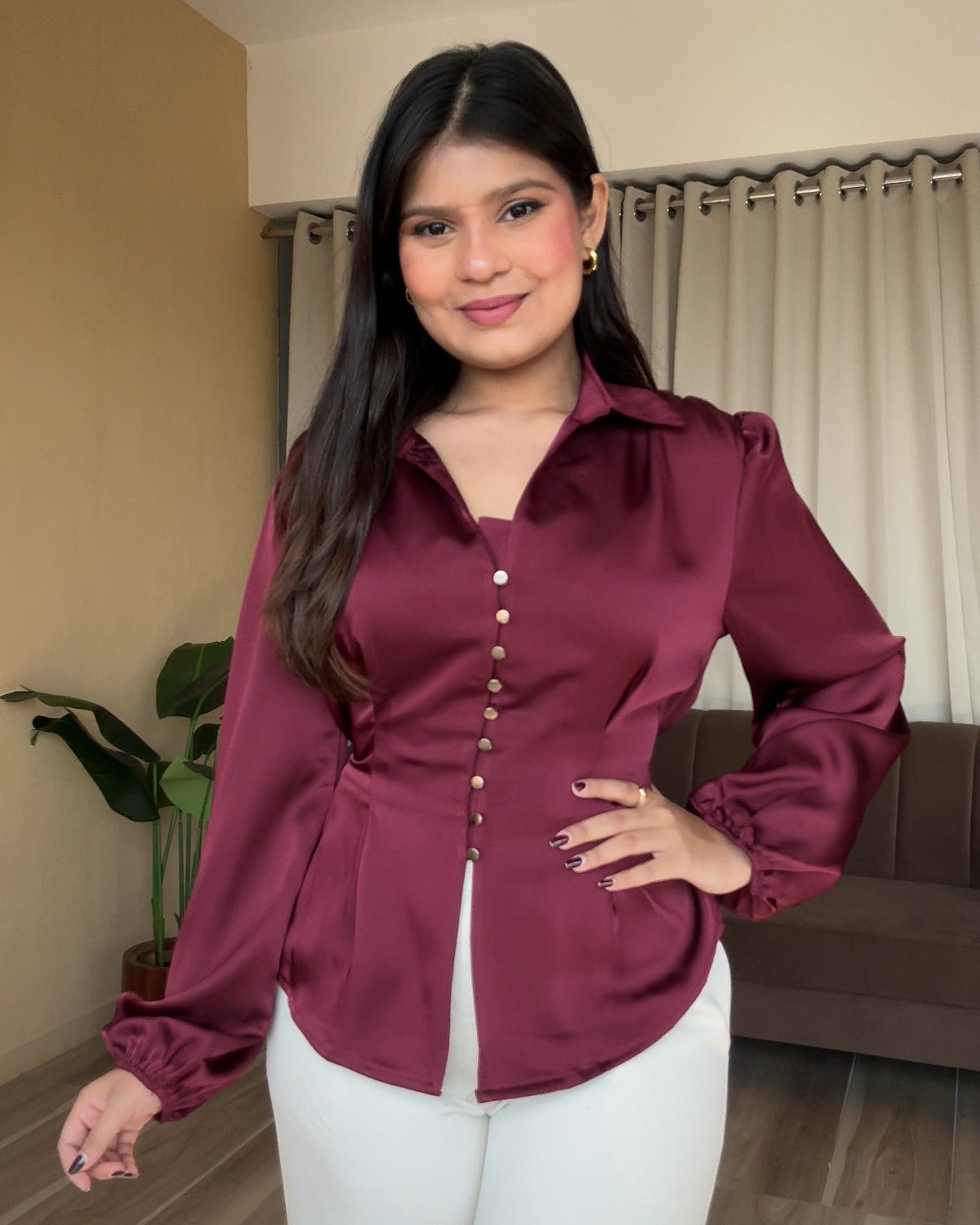 Korean Fitted Back Tie Up Satin Blouse