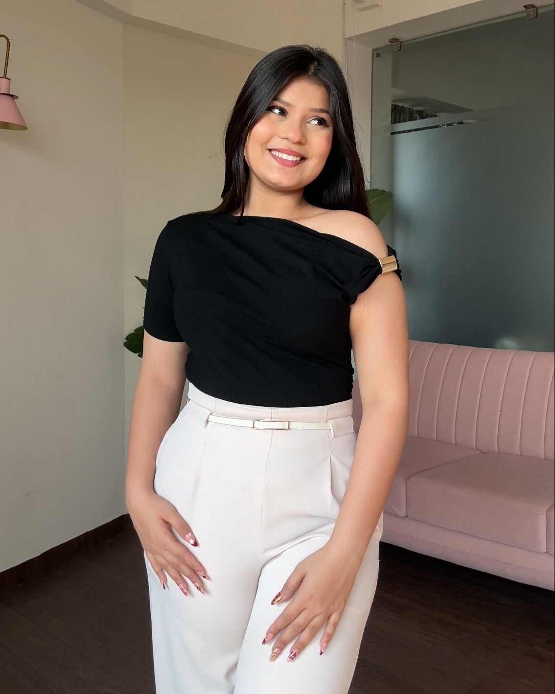 One Shoulder Golden Buckle Detailing Top