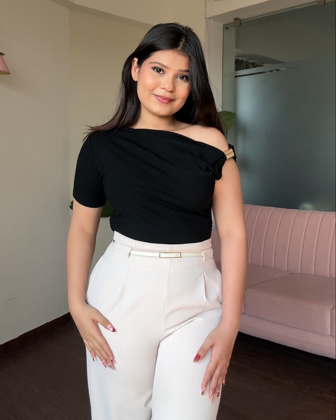 One Shoulder Golden Buckle Detailing Top