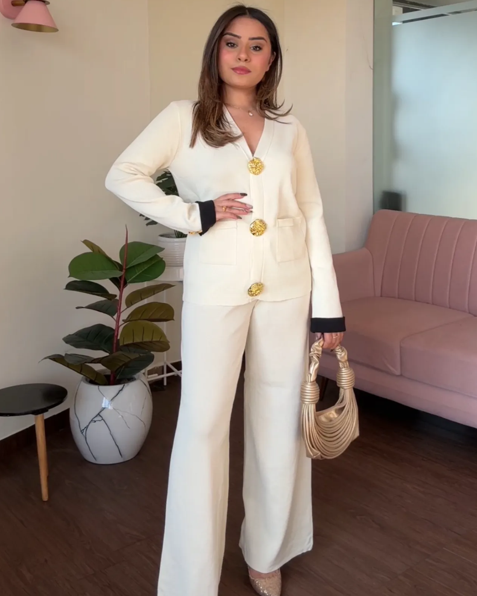 V neck Golden Button Co-ord Set