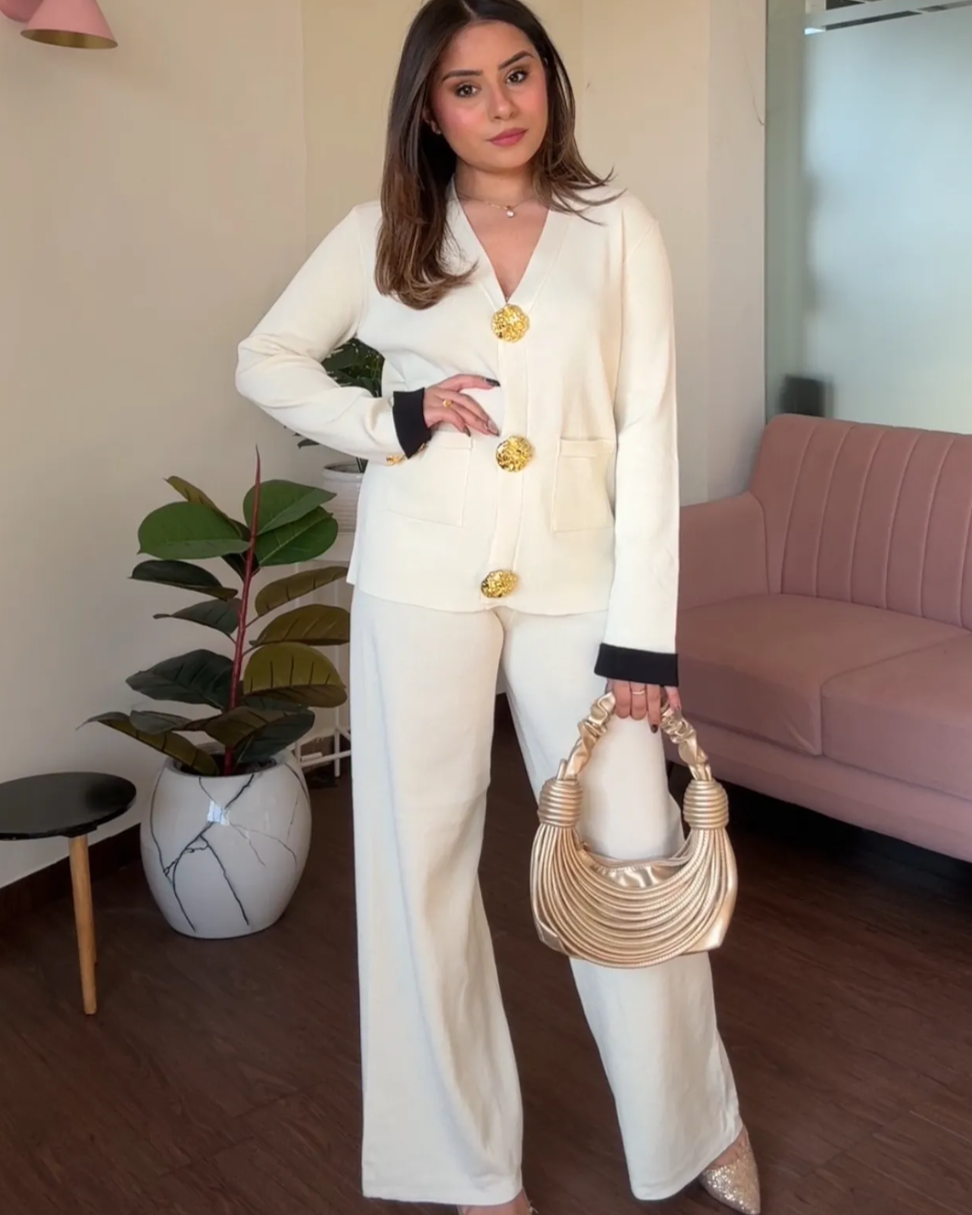 V neck Golden Button Co-ord Set