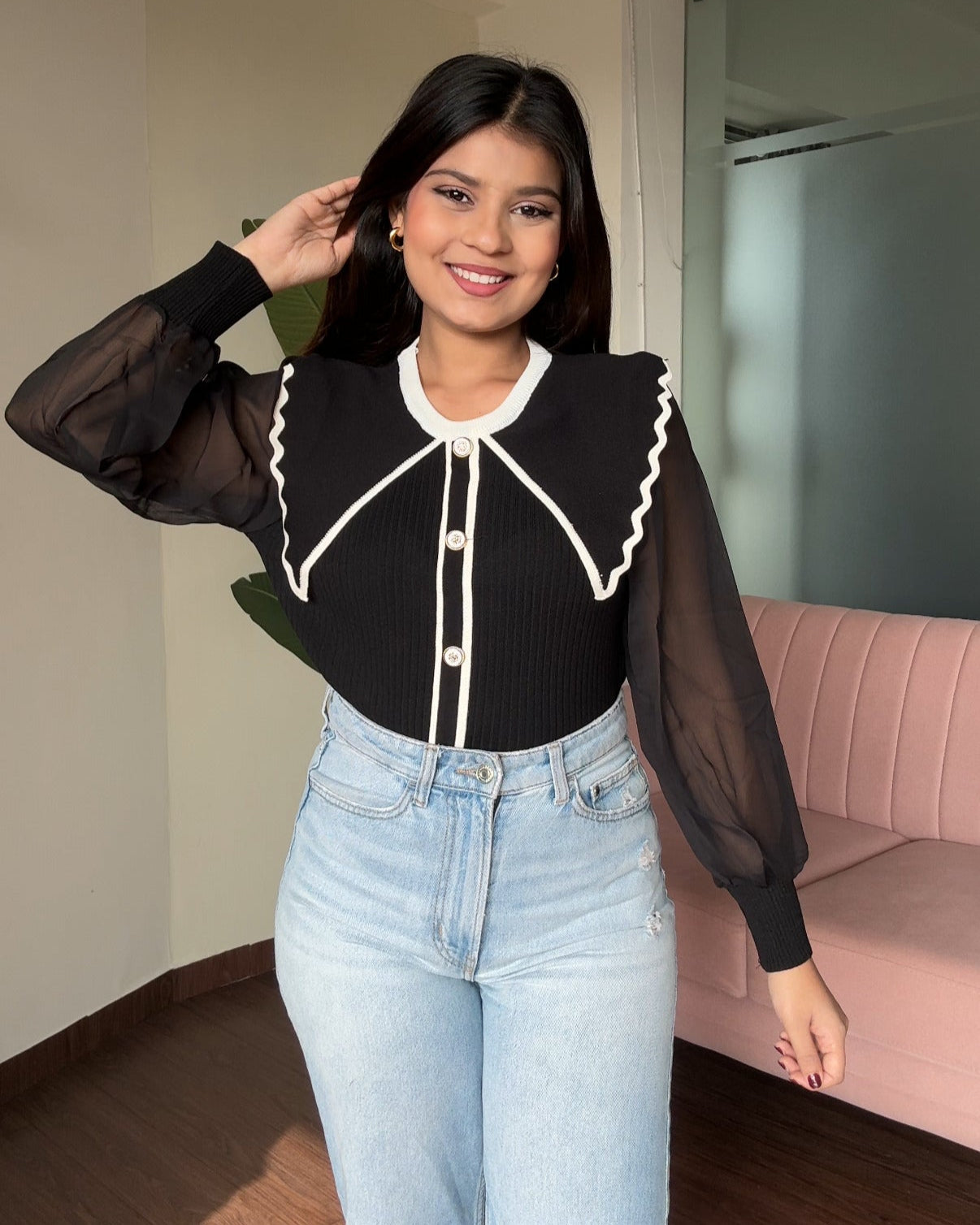 Black Contrast Sheer Sleeves Top