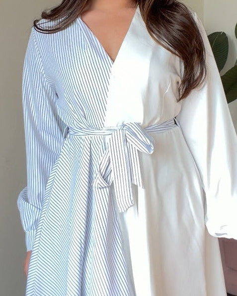 White Dual Pattern Tie Up Shirt Dress